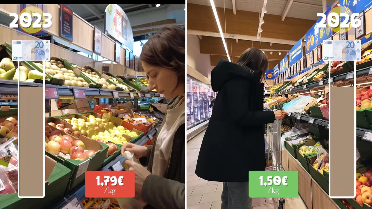 Deux vues du rayon fruits montrant 1,79€/kg (2023) à gauche et 1,50€/kg (2026) à droite pour les pommes.