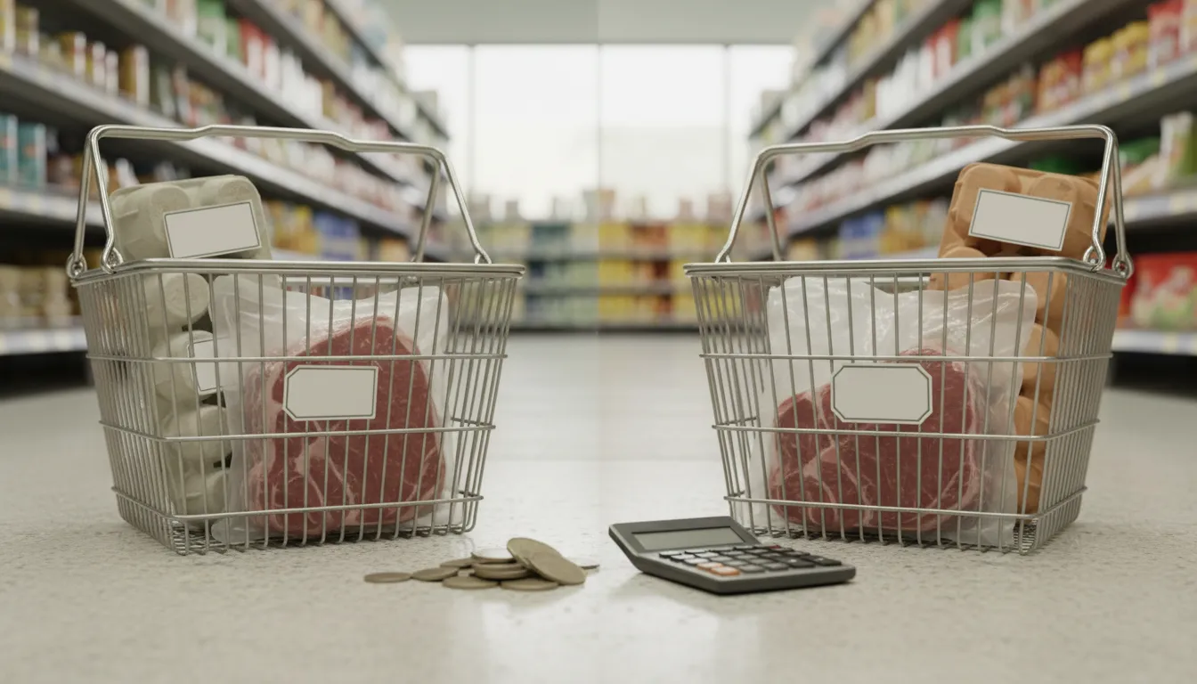 Comparaison visuelle de deux paniers avec œufs et steaks surgelés, jetons métalliques et calculatrice, illustrant le coût de manger sain pour 20 € en 2026