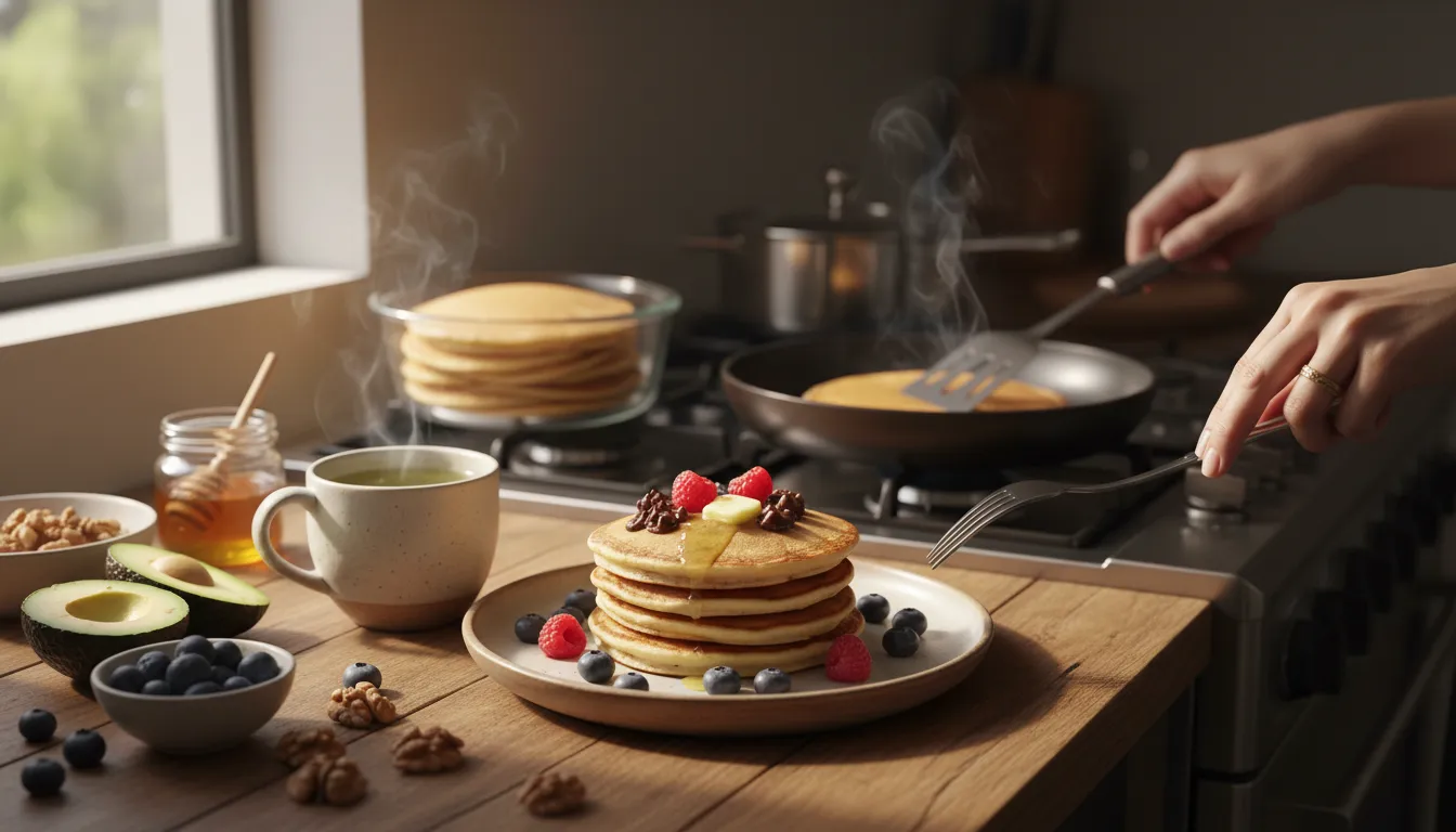 Petit-déjeuner sain et gourmand : pancakes aux pépites de chocolat sur une assiette, tasse de thé fumant, bocal de préparation à emporter et ingrédients anti‑inflammatoires sur une table en bois